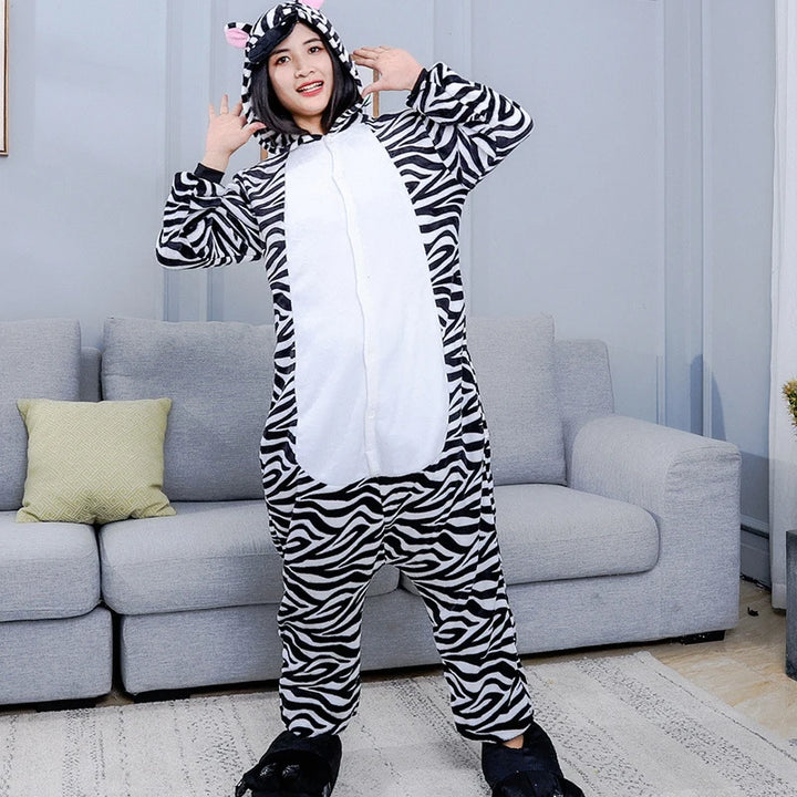 Flannel Anime Cartoon Zebra Sleepwear Halloween Cosplay Costumes Homewear Long Sleeve Onesies One Piece Pajamas Kigurumi Fluffy