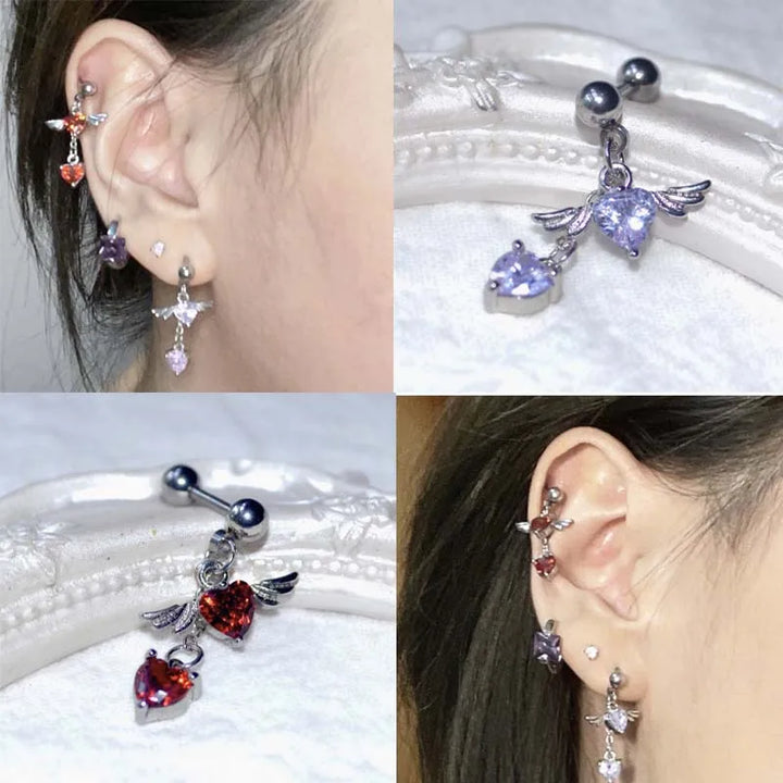 Gothic Pink Heart Cross Earrings Y2K Kpop Purple Zircon Cross Drop Earring for Women Grunge Egirl Earrings Jewelry Accessories