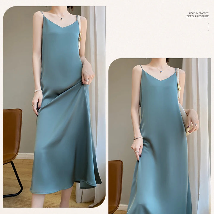 Summer Halter Dress Female Silk Silk Silk High Grade Satin Solid Color Long A-Line Skirt Waist Show Thin Cover Meat RW D13