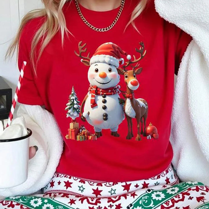 Christmas Women Casual T-Shirt Cartoon Snowman Reindeer Christmas Tree Print Sports Fashion Shirt Round Neck Loose Versatile Top