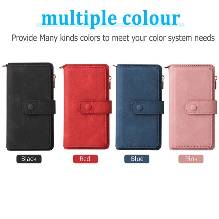 Multi 15-Card Flip Wallet Case For OPPO Realme 12 Pro Plus 11 11X 10 9 9i 8 Zipper Leather Lanyard Wrist Strap Cover Realme12