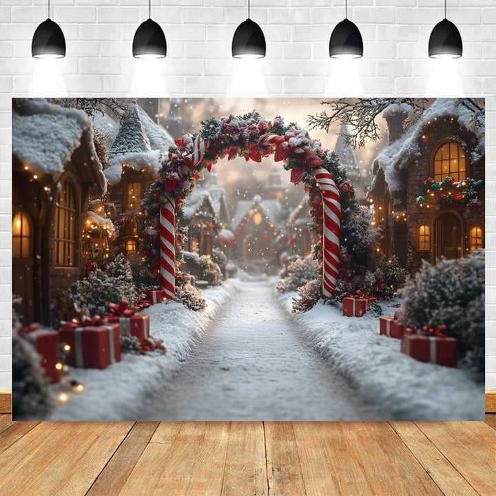 Winter Christmas Photography Backdrop Wonderland Candy Cane Arch Xmas Town Snow Tree Family Portrait Decor Photo Background Prop