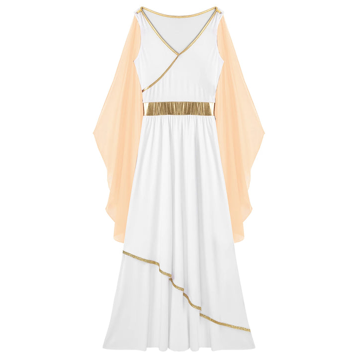 Womens Ancient Greek Toga Goddesses Costumes Party Halloween V Neck Sleeveless Gold Trims Toga Greece Roman Queen Cosplay Dress