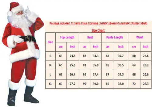 Deluxe Christmas Santa Claus Costume Set Red Zipper Coat with Pants Hat Belt Beard Shoes - Festive Holiday Outfit for