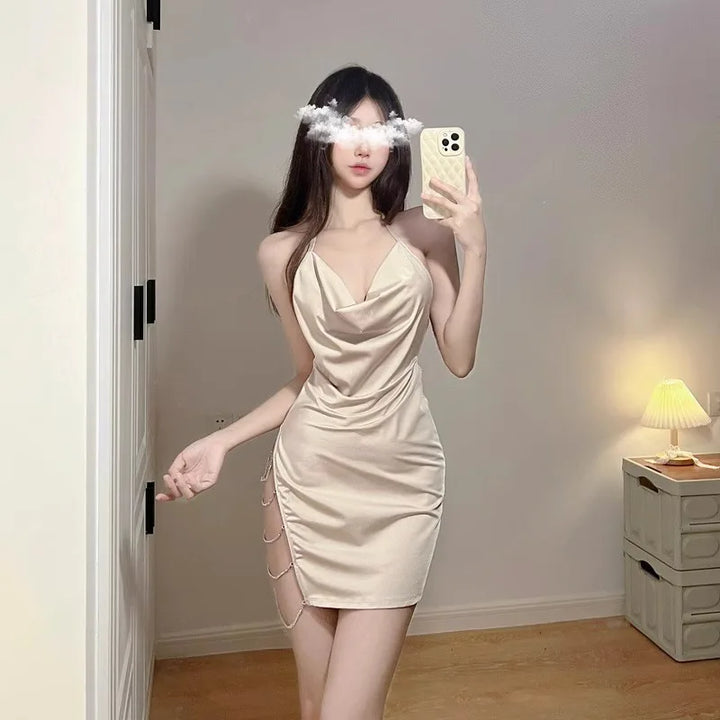 Nightclub Style Sexy Slim Fit Collar Side Split Chain Strap Slim Fit Spicy Girl Wrap Hip Dress Women Summer New Sheer Top EINB