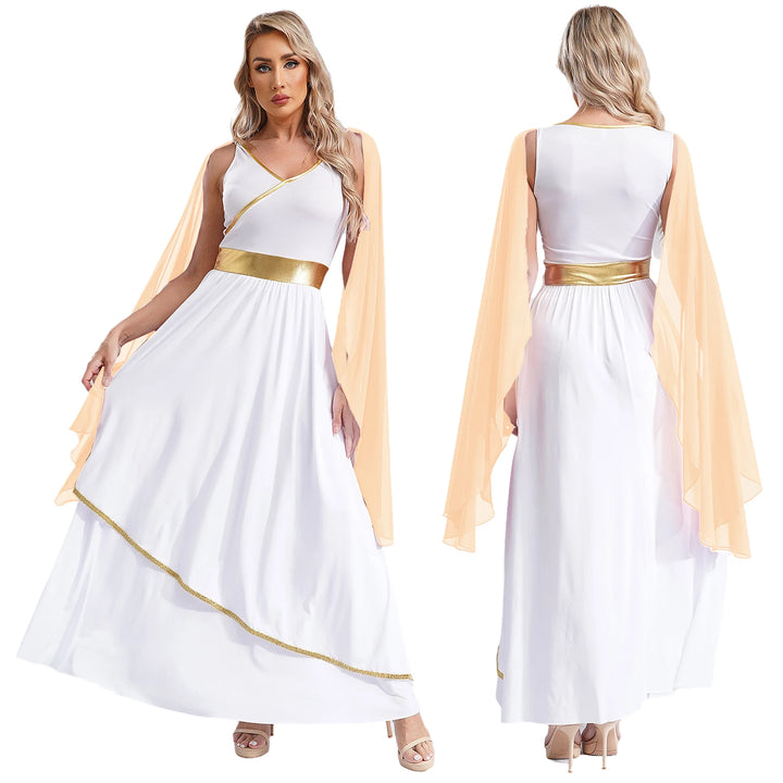 Womens Ancient Greek Toga Goddesses Costumes Party Halloween V Neck Sleeveless Gold Trims Toga Greece Roman Queen Cosplay Dress