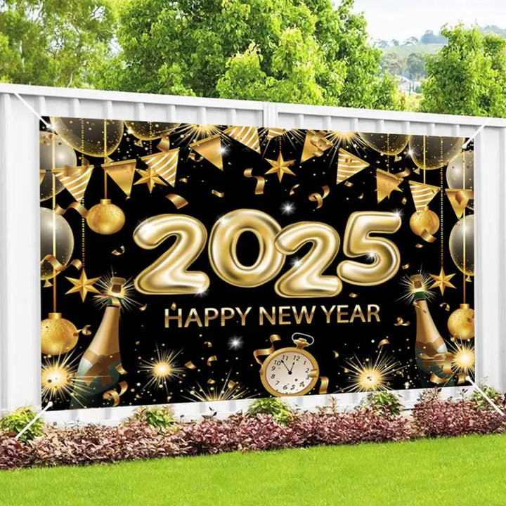 Happy New Year Banners 2025 6.88 X 4.92ft Black Gold New Years Eve Banner Happy New Year Decorations Holiday Wall Display For