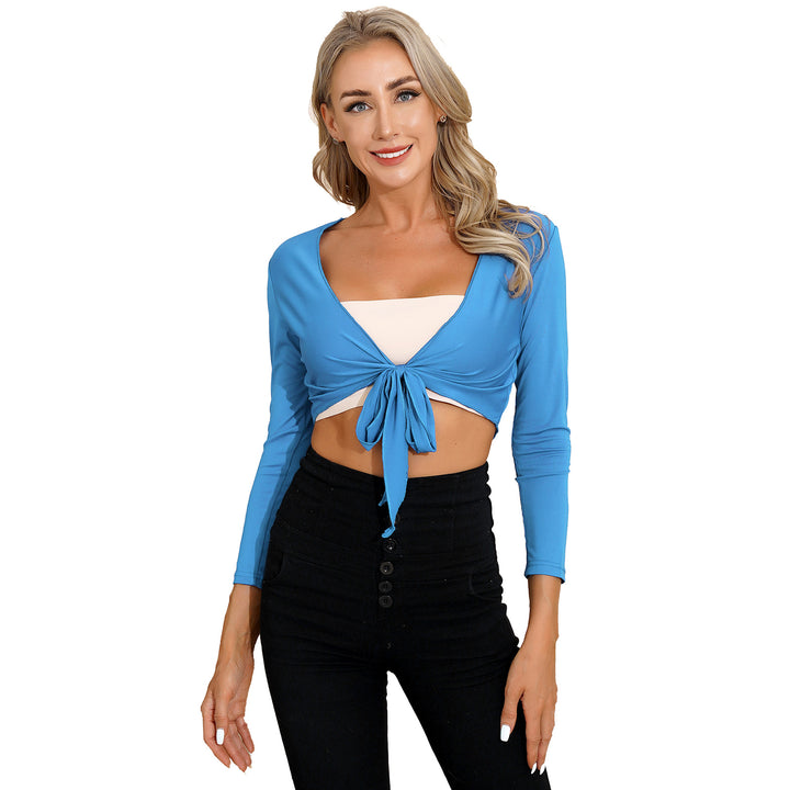 Women Belly Dance Tops Costume Wrap Shawl Wraps Self-Tie Long Sleeve Cropped Tops Solid Color Bolero Tops Long Sleeve Cardigan