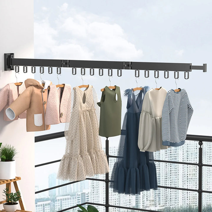 Folding Clothes Hanger Wall Mount Retractable Cloth Drying Rack Indoor & Outdoor Space Saving Aluminum Home Laundry Clothesline