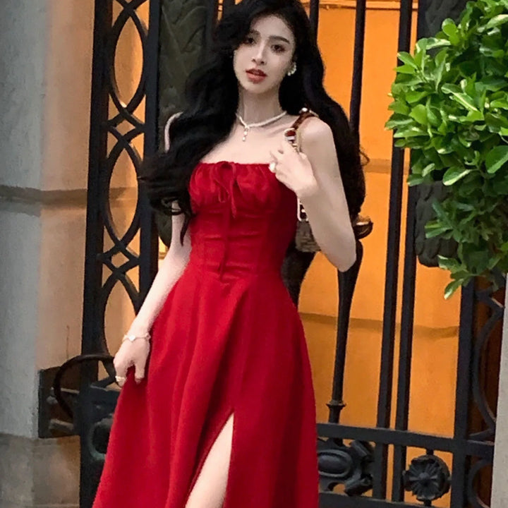 French Elegant White Strap Midi Dress 2023 Summer New Casual Evening Party Dress Women Beach Sleeveless Lace-up Red Dress Korean