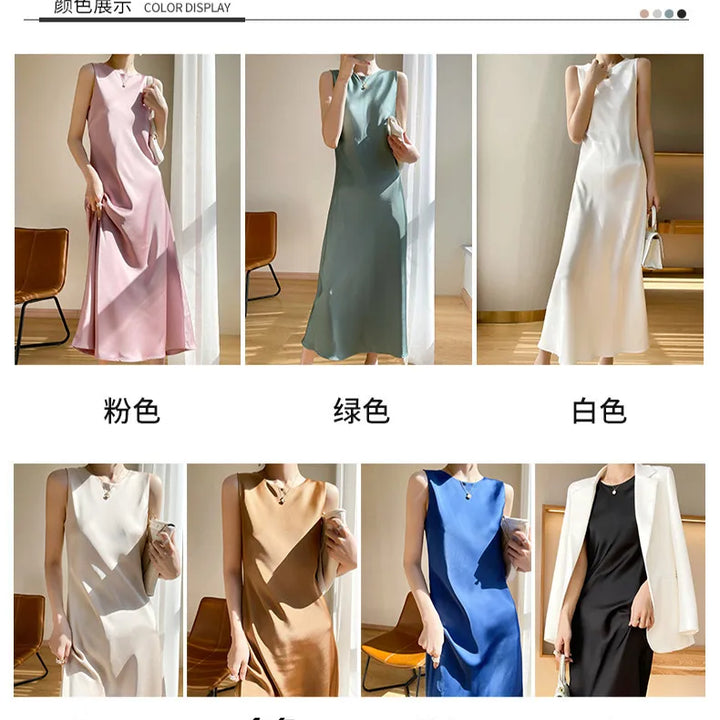 2024 Summer Robe long maxi Sundress Fashion Elegant Women's Acetate satin Dresses Sexy artificial silk Sleeveless Party Dress