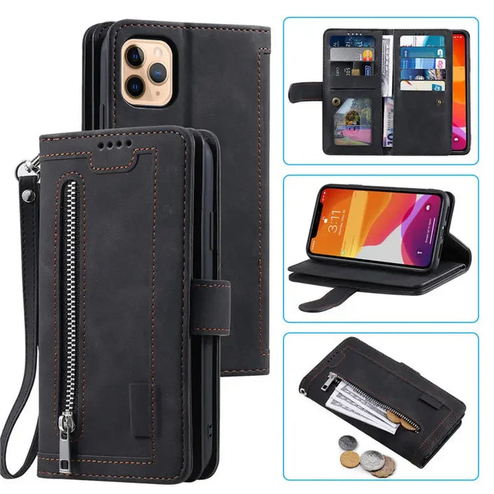 Zipper Wallet Case For Oneplus 12 11 11R 10T 10R 5G Multi 9-Card Slot Leather Flip Cover For One Plus 10 Pro 9 9R 8 8T 7 7T 6 6T