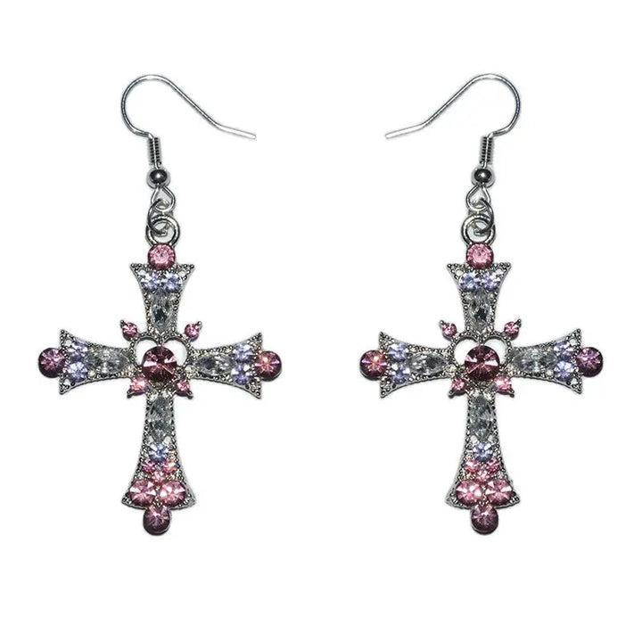 Gothic Pink Heart Cross Earrings Y2K Kpop Purple Zircon Cross Drop Earring for Women Grunge Egirl Earrings Jewelry Accessories