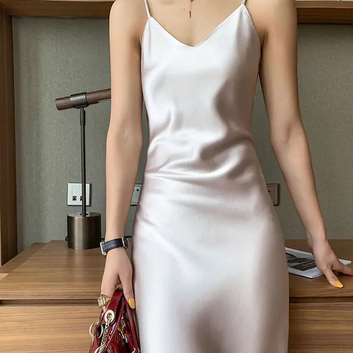 2022 Elegant Women Dress Summer Sexy V-Neck Korean Satin Party Long Spaghetti Strap Dresses Casual Sundress Vestido Mujer