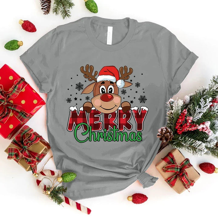 (Premium T-shirt)Cute Merry Christmas Print T-Shirts For Women Summer Lovely Short Sleeve Casual Round Neck T-Shirts Ladies tops