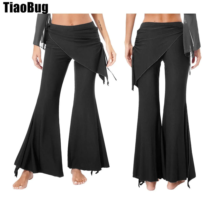 Womens Split Flared Belly Dance Pants Halloween Carnival Costume Solid Color Pants Lace-Up Skirted Pants