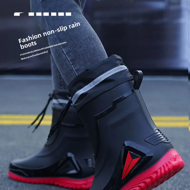 Waterproof Men's Rain Shoes Outdoor Non-slip Work Shoes Fleece Lined Cotton Warm Rain Boots Kitchen Footwear Male