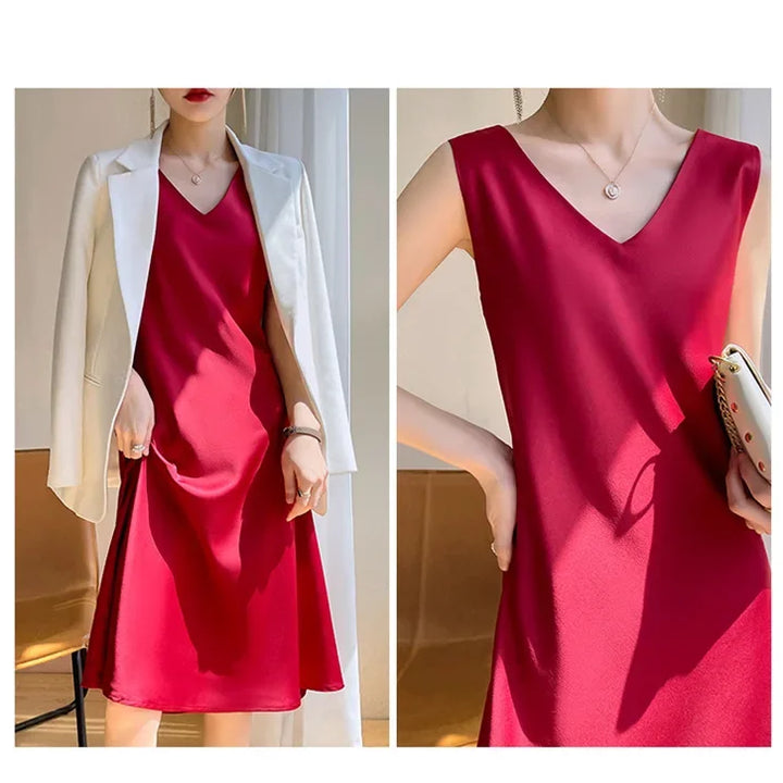 Spring/Summer Satin Dress V-neck, sleeveless, suit with a high-waisted maxi skirt