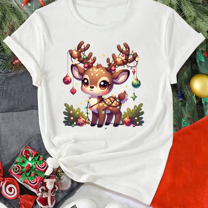 Cute Christmas Elk Printing Women T Shirt Cartoon Casual Short Sleeve O-Neck Women Red Tshirt Ladies Y2k T-shirt Female