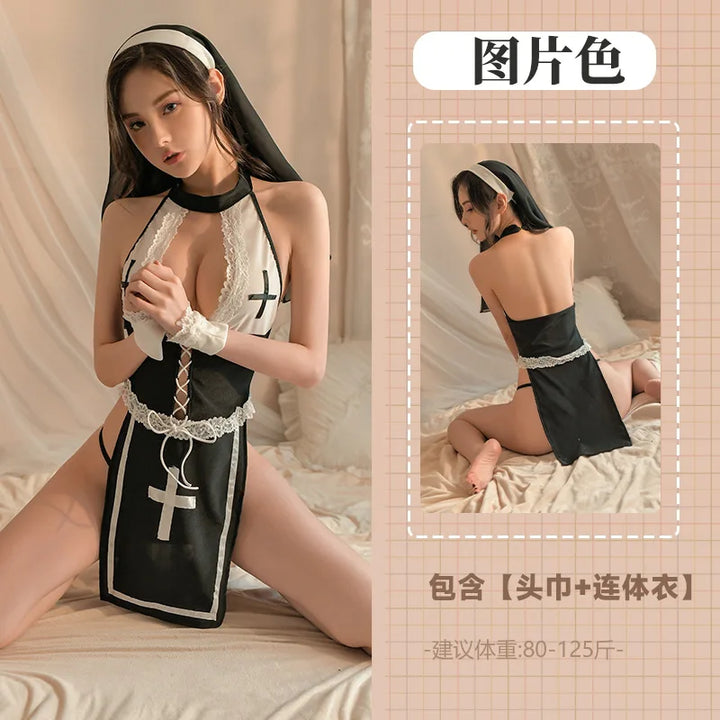 Sexy Nun Uniform Halloween Cosplay Costume Rolellay Theme Party Ouutfits High Split Dress with Panties Headwear Erotic Babydolls