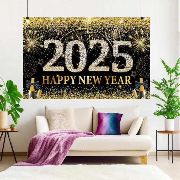 Happy New Year Background Cloth 71 X 43in New Year Home Photo Booth Black Gold Background Elegant New Year Photo Backdrop