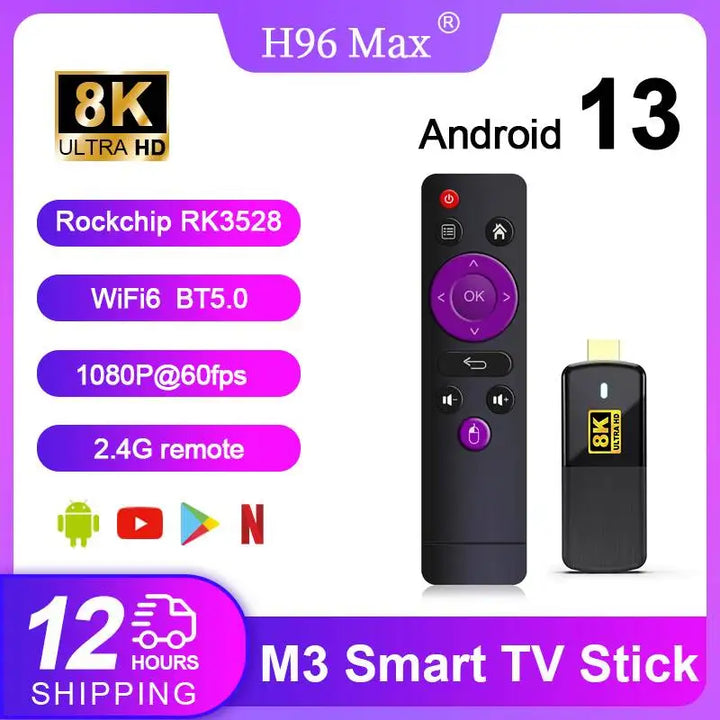 H96 MAX M3 Transpeed TV Stick Android13 RK3528 Quad Core ARM Cortex-A53 CPU WIFI6 BT5.0 8K UHD Output 1080P@60fps Smart TV Stick