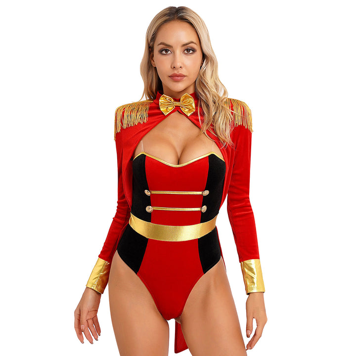 Womens Circus Ringmaster Costume Jumpsuit Halloween Carnival Party Long Sleeve Tailcoat Velvet Fringed Sexy Cosplay Bodysuit