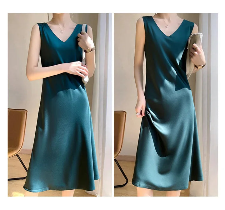 Spring/Summer Satin Dress V-neck, sleeveless, suit with a high-waisted maxi skirt