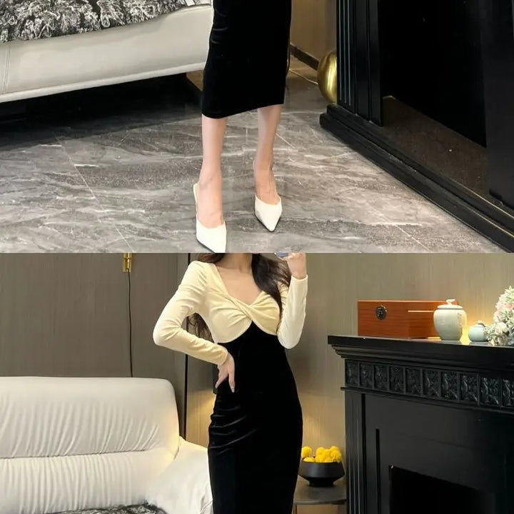 Temperament Deep V Neck Midi Dress Spring Autumn New Long Sleeve Contrast Slim Ladies Dresses Elegant Fashion Women Clothing