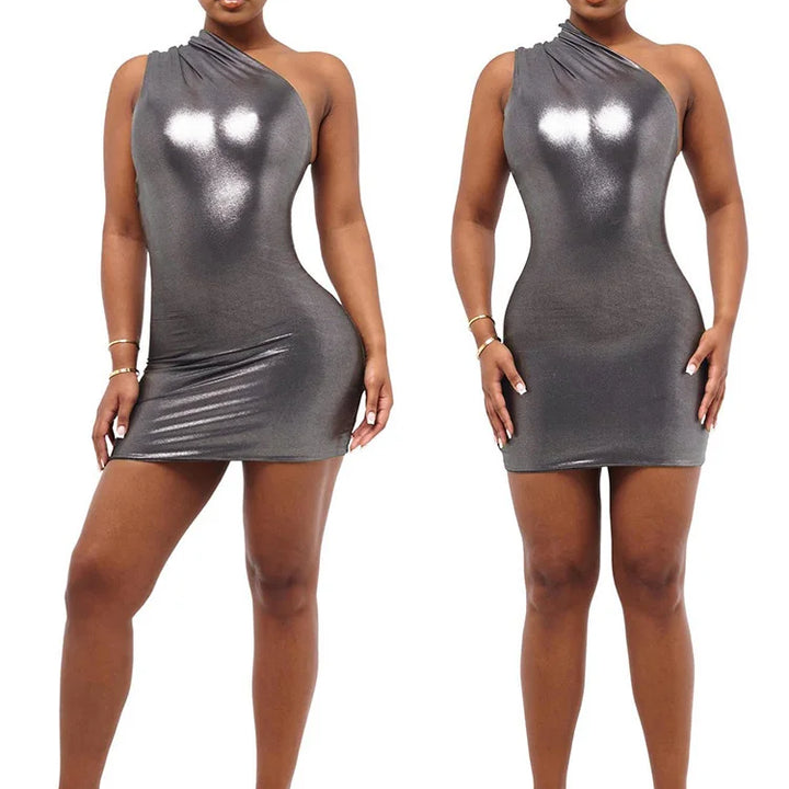 Nibber Shiny Solid Mini Dress Women Fashion Sexy Diagonal Collar Sleeveless Body-Shaping Pag Hip dresses Female Streetwear