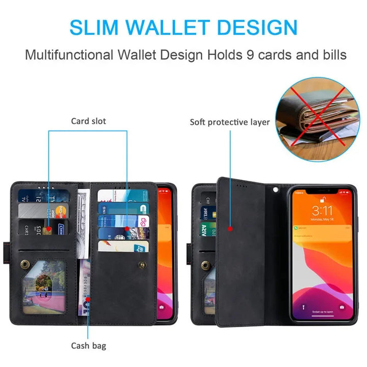 Zipper Wallet Case For Oneplus 12 11 11R 10T 10R 5G Multi 9-Card Slot Leather Flip Cover For One Plus 10 Pro 9 9R 8 8T 7 7T 6 6T