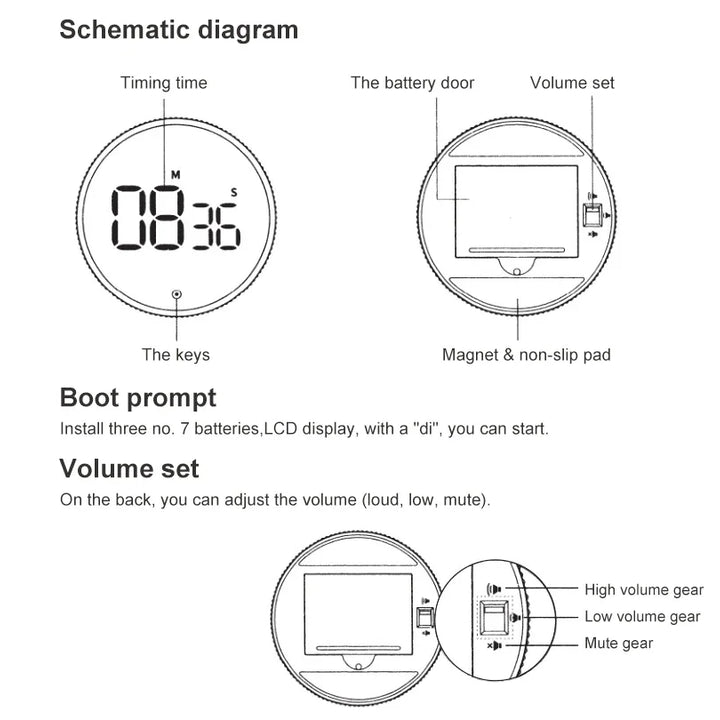 Round Digital Timer Stopwatch HD LED Electronic Studying Self Regulated Rotary Countdown Alarm Kitchen Cook Gadget Home Reminder