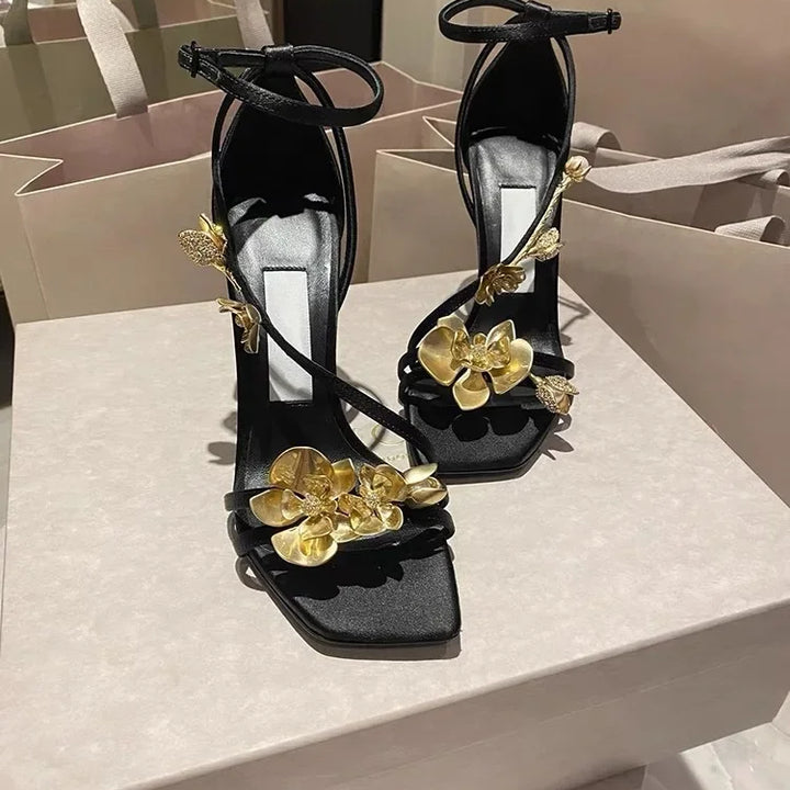 Golden Flowers Women Silk High Heels Luxury Designer Sandal Metallic Flower Square Toe Pointed Fine Heel Party Dress Shoes Pumps