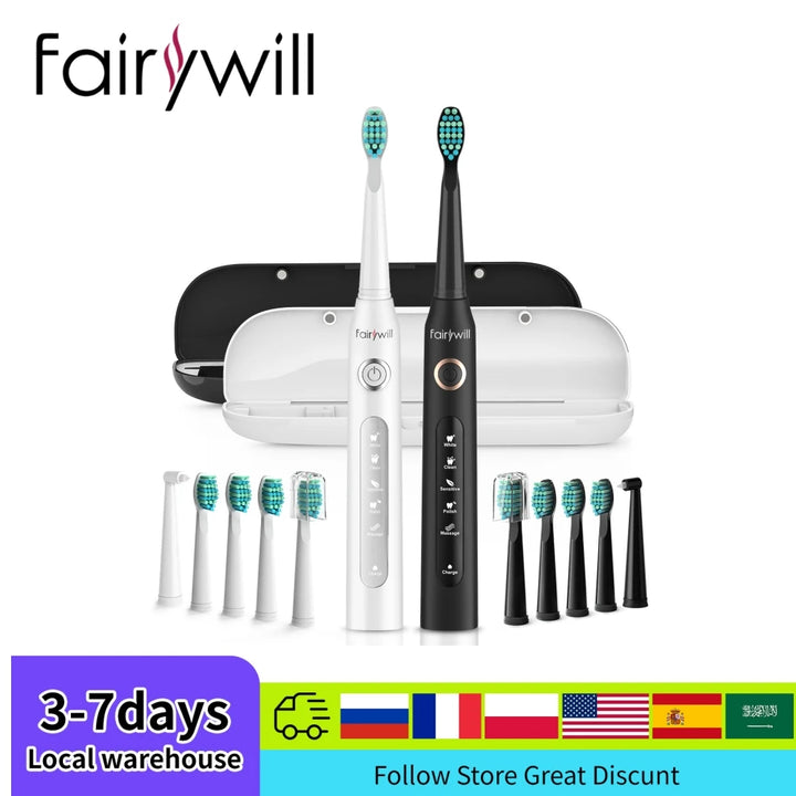 Fairywill Sonic Electric Toothbrush Ultra Sonic Fast USB Charger Waterproof IPX7 5-Mode Fairywill FW-507 with 3 Brush Head Gift