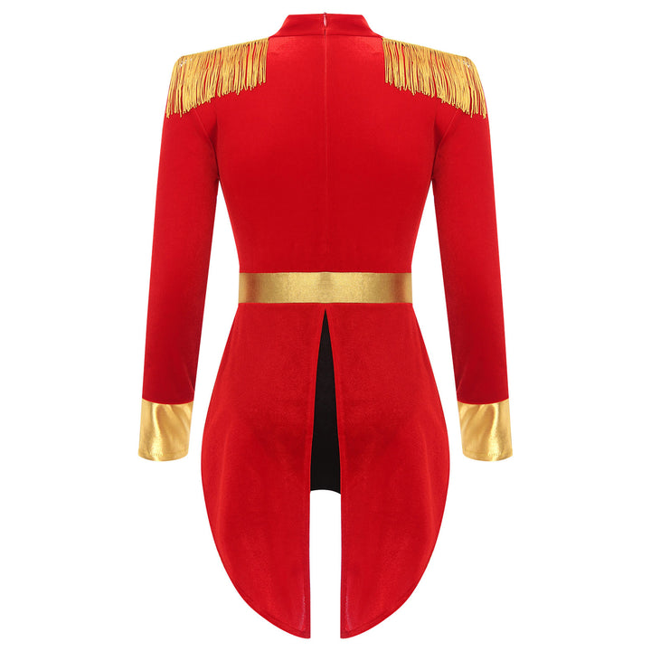 Womens Circus Ringmaster Costume Jumpsuit Halloween Carnival Party Long Sleeve Tailcoat Velvet Fringed Sexy Cosplay Bodysuit