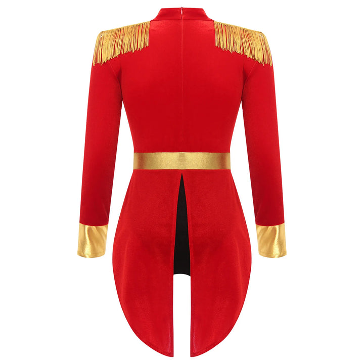 Womens Circus Ringmaster Costume Jumpsuit Halloween Carnival Party Long Sleeve Tailcoat Velvet Fringed Sexy Cosplay Bodysuit