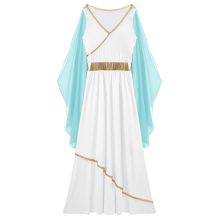 Womens Ancient Greek Toga Goddesses Costumes Party Halloween V Neck Sleeveless Gold Trims Toga Greece Roman Queen Cosplay Dress