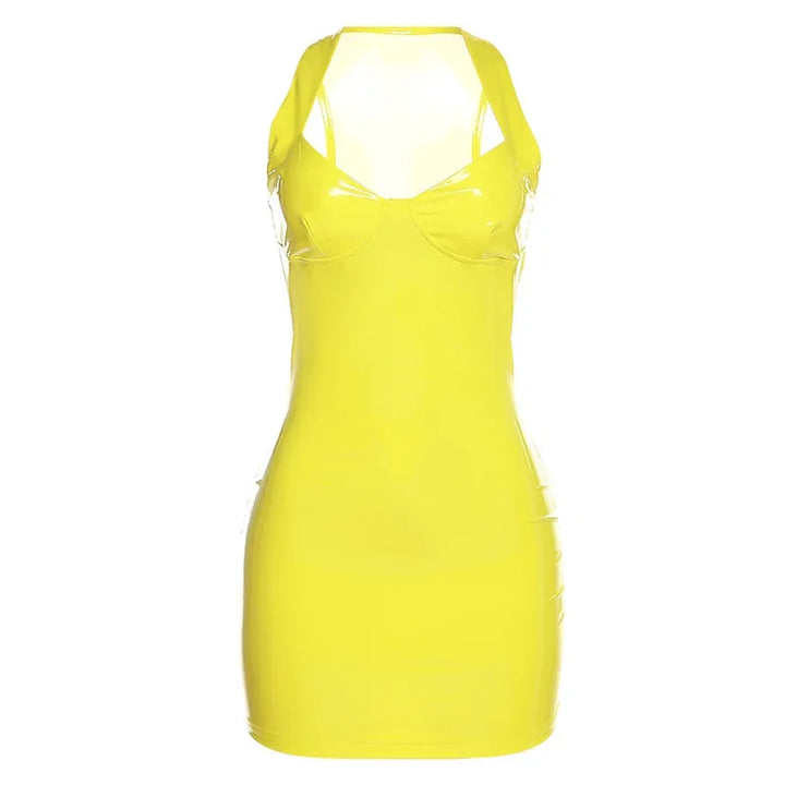 Sexy Womens Bodycon Yellow Mini Dresses Sleeveless Patent Leather Latex Tank Dresses Rave Party Night Club Costume