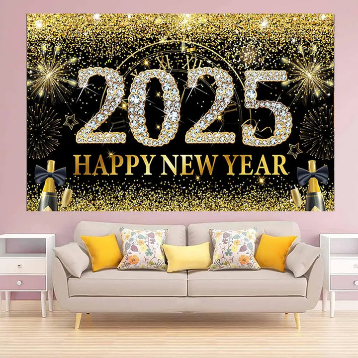 Happy New Year Background Cloth 71 X 43in New Year Home Photo Booth Black Gold Background Elegant New Year Photo Backdrop