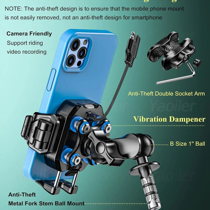 Kewig NEW Motorcycle Fork Stem Shock Absorption Phone Mount Holder w/ Qi 15W Wireless Charger & 36W PD/USB-C Fast Charging Port