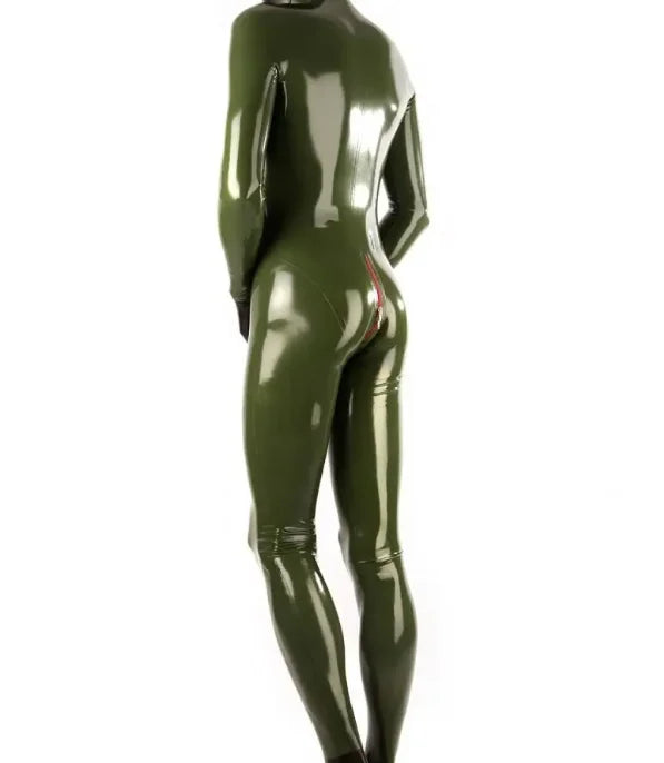 Sexy Army Green Latex Fetish Catsuit with Front Crotch Zip Rubber Jumpsuit Imitation Uniform Bodysuit w/o Hood Socks Gloves