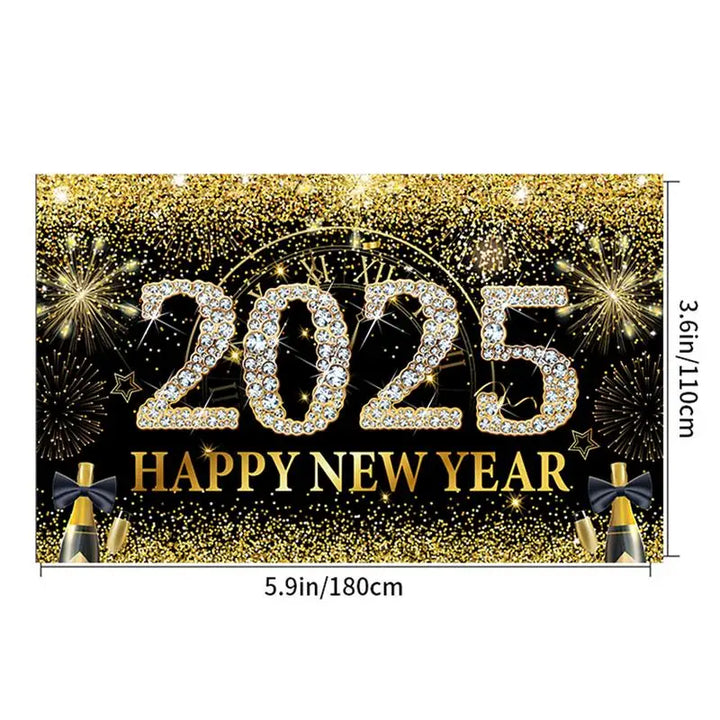 Happy New Year Background Cloth 71 X 43in New Year Home Photo Booth Black Gold Background Elegant New Year Photo Backdrop