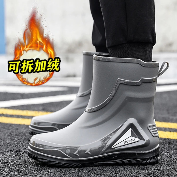 Autumn and winter non-slip rain boots for men warm rain boots, velvet waterproof shoes, kitchen plastic work shoes fishing shoes