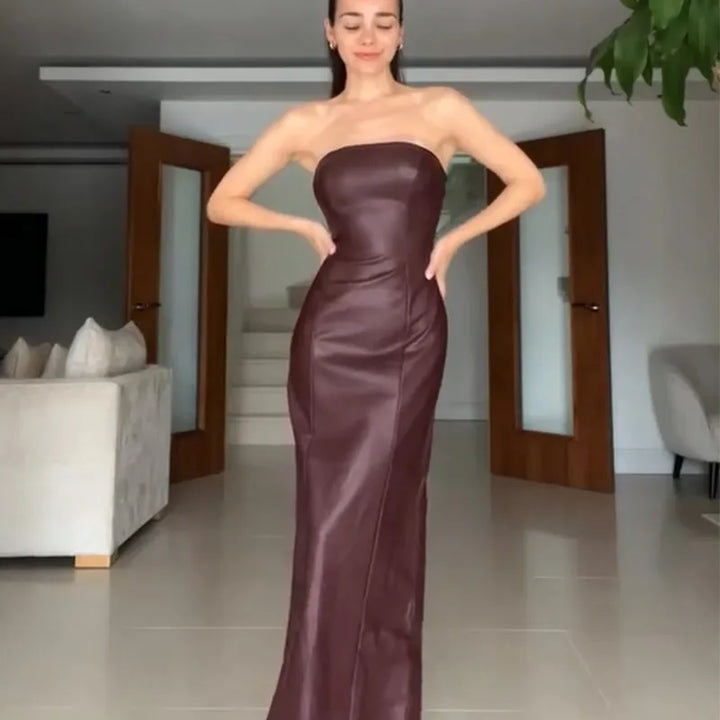 Sleeveless Strapless High Waisted Women's Leather Dress Backless Burgundy Slim Fit Evening Gown New Female Night Club Vestidos