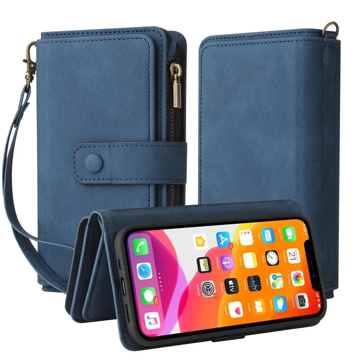 Multi 15-Card Flip Wallet Case For OPPO Realme 12 Pro Plus 11 11X 10 9 9i 8 Zipper Leather Lanyard Wrist Strap Cover Realme12