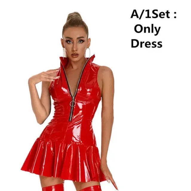 Women's Leather Dress Plus Size Women Sexy Shiny PVC Latex Mini Skirt With Gloves And Stocking Pole Dance Pleated Latex Dress