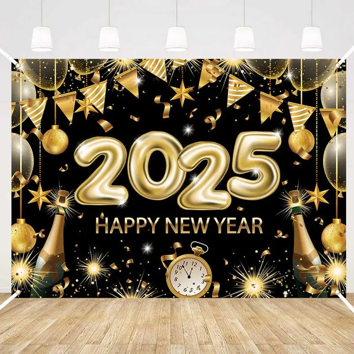 Happy New Year Banner 2025 6.88 X 4.92ft Black Gold New Years Eve Banner Happy New Year Decorations Holiday Wall Display For New