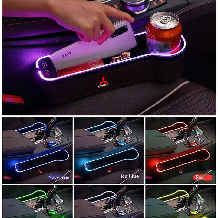 Car USB Charging Colour Light Seat Storage Case Seat Gap Box For Mitsubishi Outlander Pajero Asx Lancer EX Evolution X Ralliart