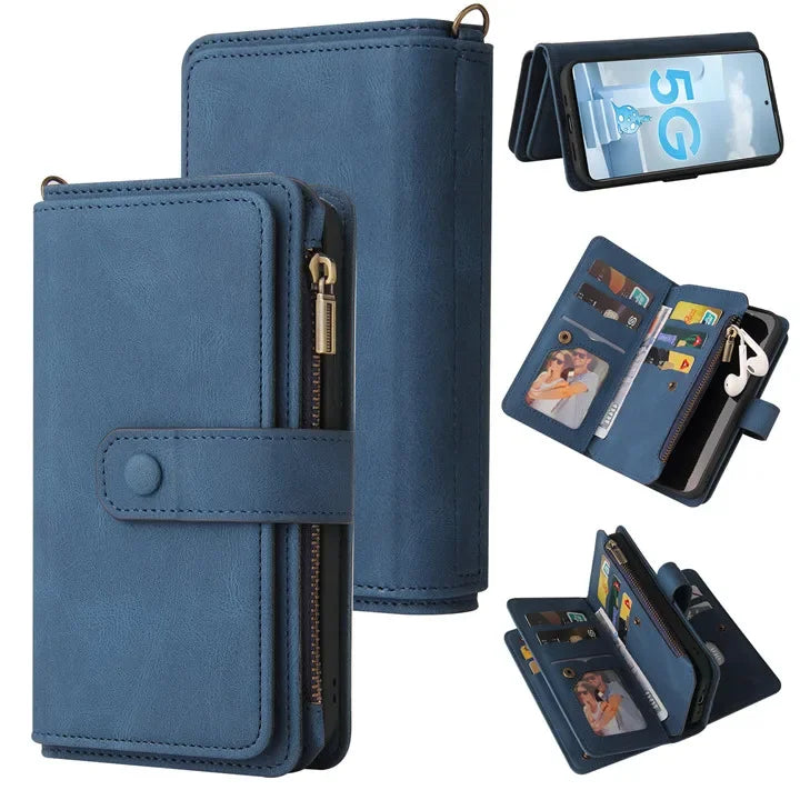 Multi 15-Card Flip Wallet Case For OPPO Realme 12 Pro Plus 11 11X 10 9 9i 8 Zipper Leather Lanyard Wrist Strap Cover Realme12