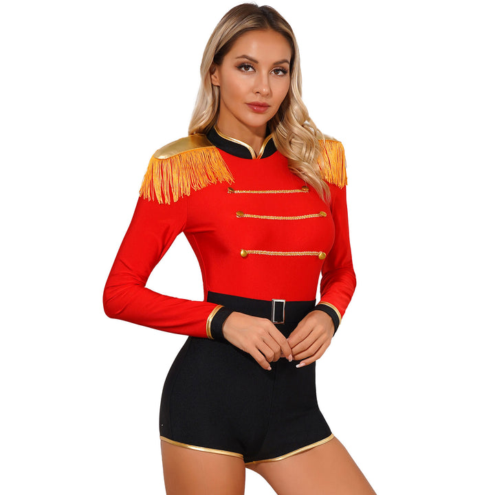 Womens Circus Ringmaster Jumpsuit Halloween Carnival Theme Party Role Play Costume Long Sleeve Velvet Fringed Cosplay Bodysuit